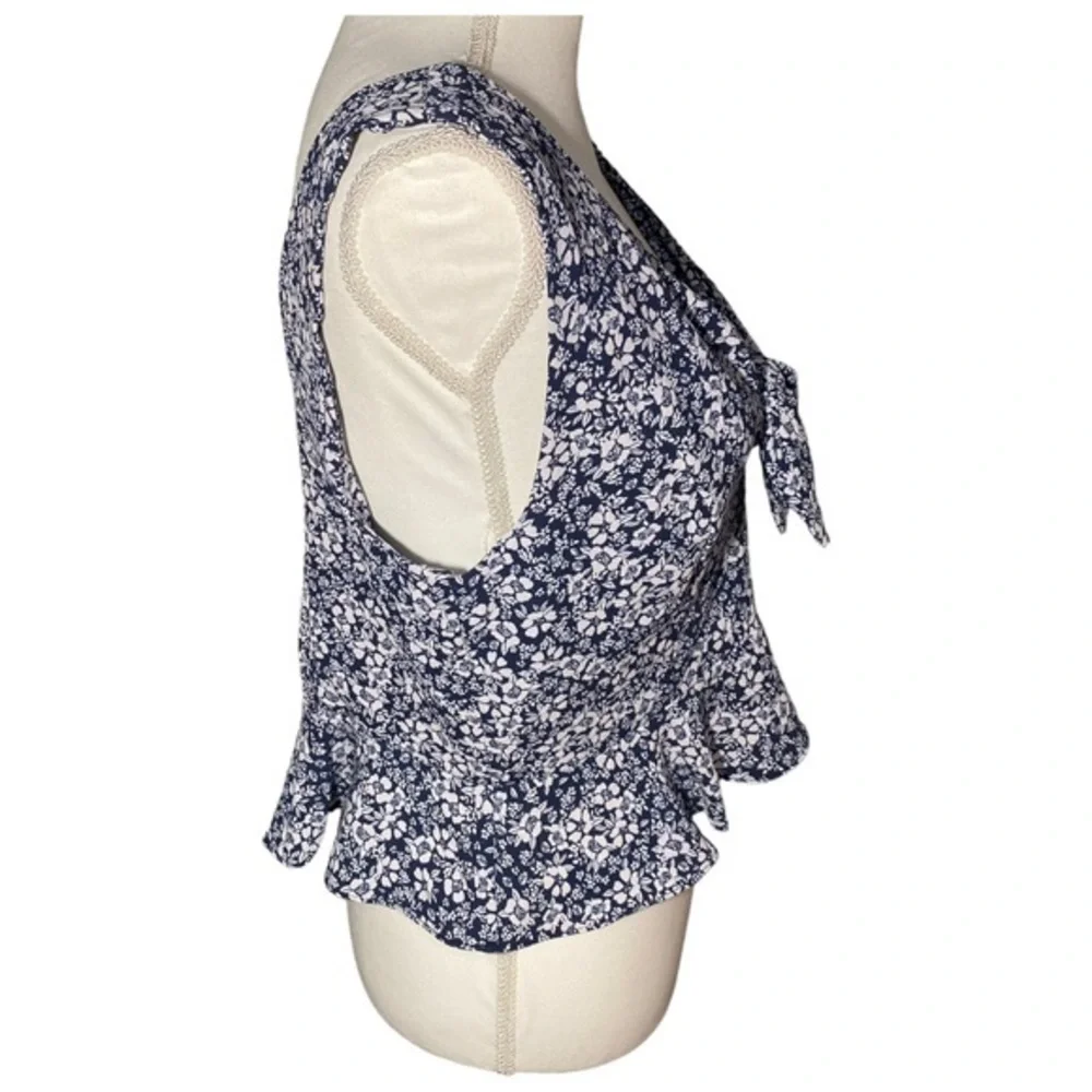 Gianni Bini‎ Floral Tie Front Peplum Top Navy White Sleeveless Size 12